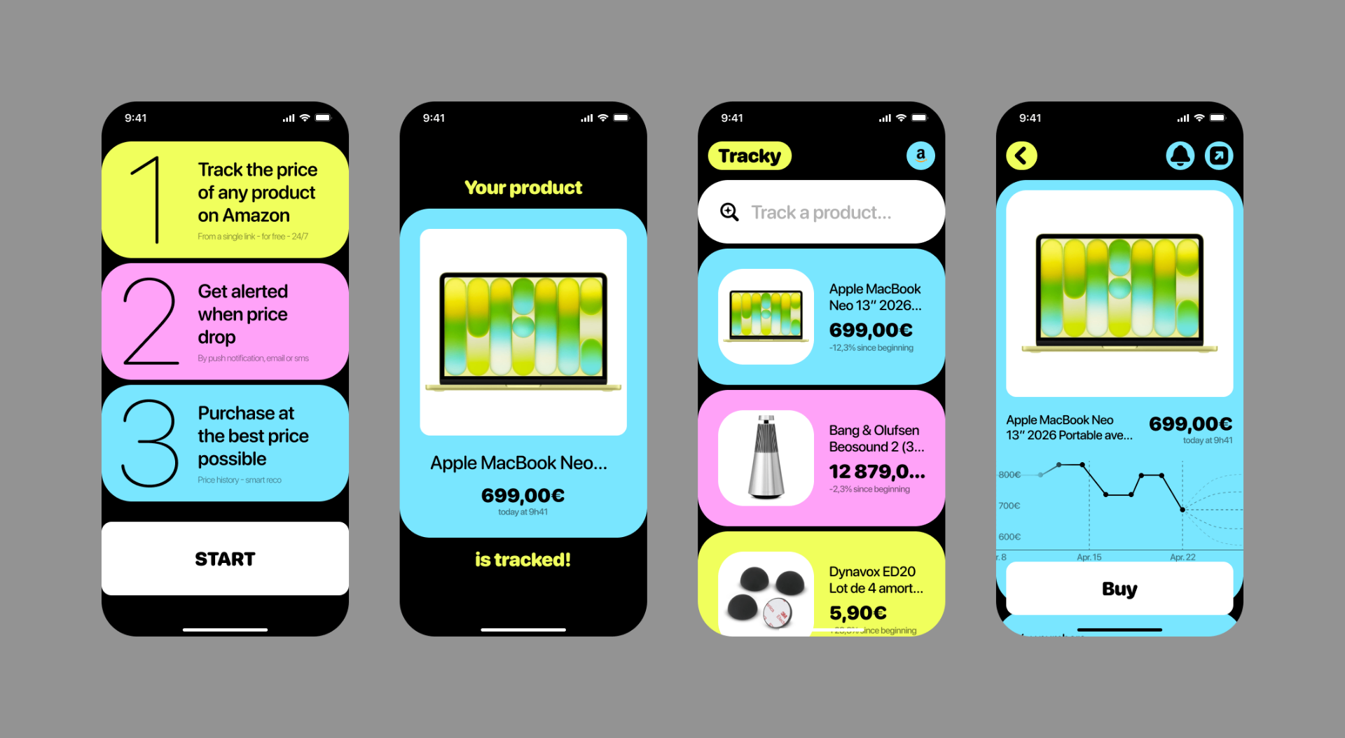 Four Tracky app screens showing onboarding, a tracked Apple MacBook product, the tracked products list, and a price history chart